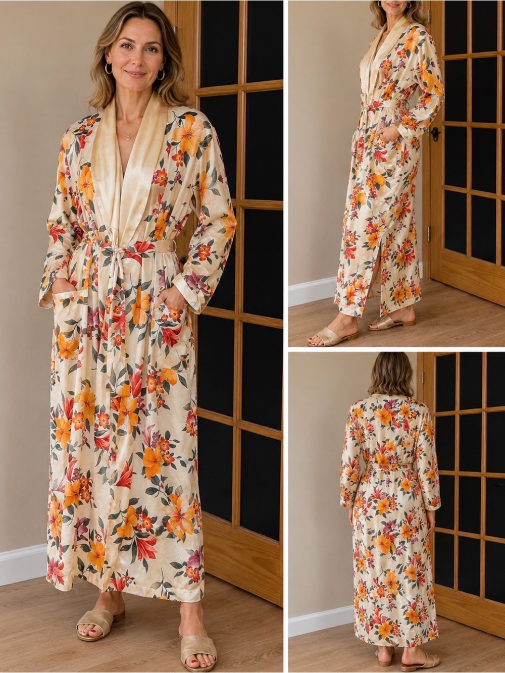 Victoria's Secret Cream Floral Satin-Trim Long Robe